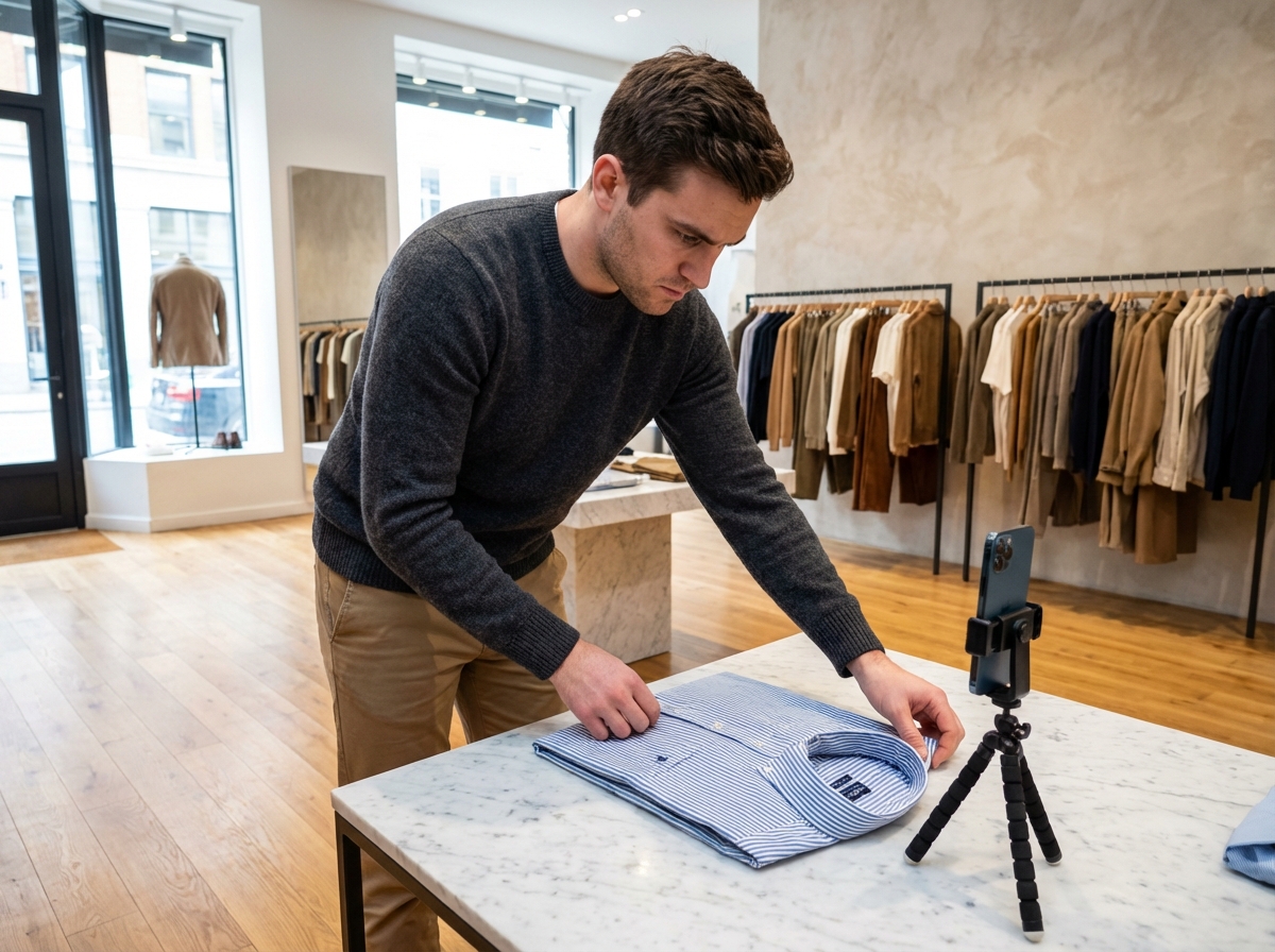 Homme en pull photographiant un vêtement dans une boutique