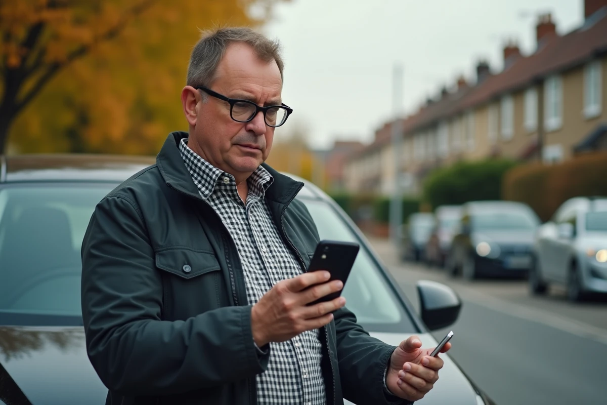 Homme regardant une annonce sur son smartphone à côté de sa voiture dans la rue