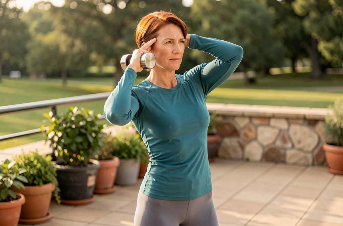 Femme mature pratiquant l'inclinaison latérale avec haltère en extérieur pour renforcer la ceinture abdominale et les obliques