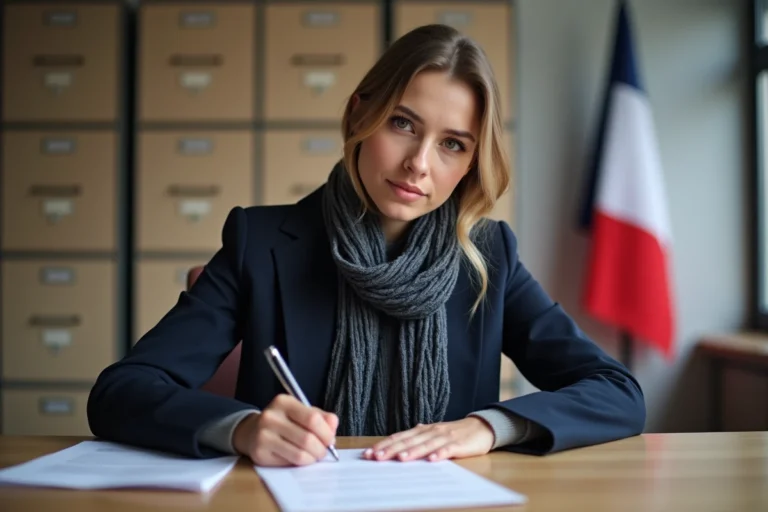 Jeune femme remplissant un formulaire dans une mairie moderne