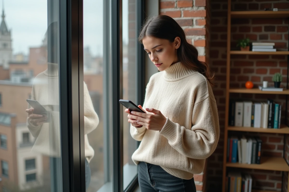 Jeune femme consultant les informations du service 3900 sur son smartphone dans un appartement