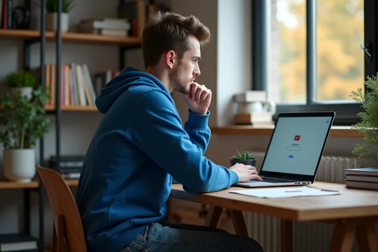 Jeune homme étudiant en train de se connecter à son ordinateur