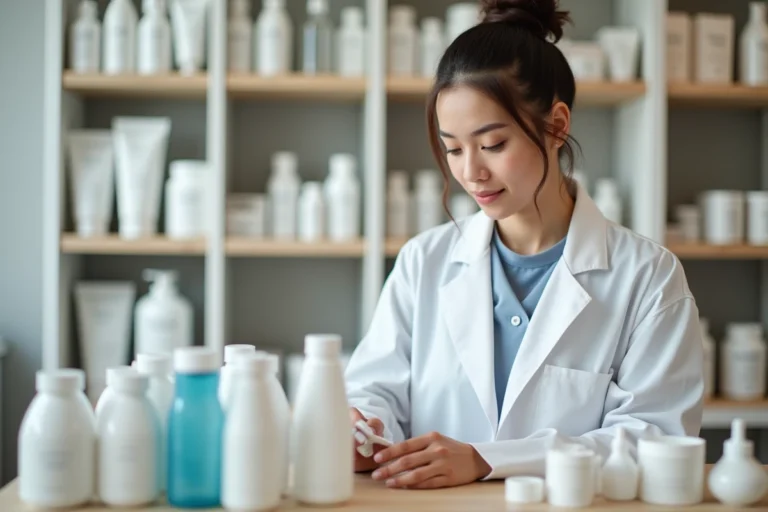 Jeune femme parapharmacienne en blouse blanche organisant des produits de santé dans une parapharmacie moderne