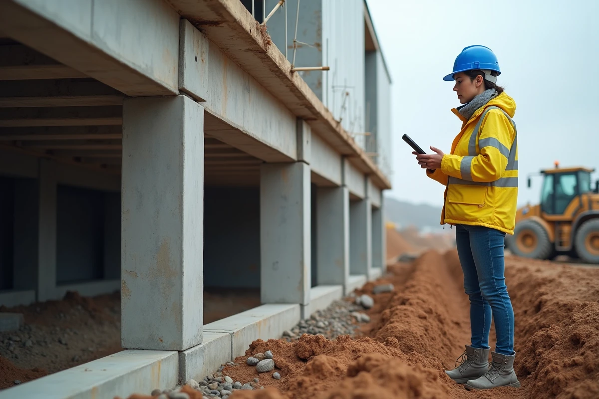 Technicienne de construction supervisant la pose d'une longrine fondation sous une structure d'accès en hauteur sur un chantier