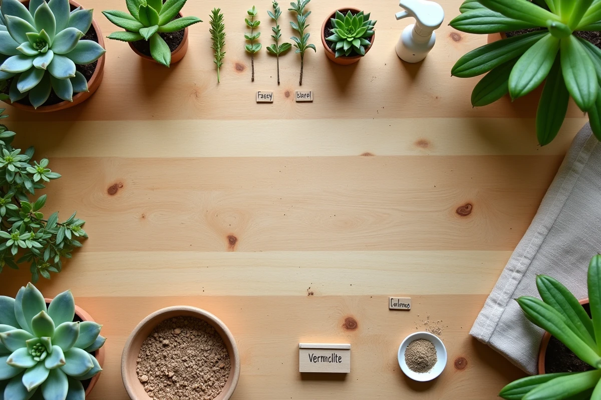 Vue de dessus des outils et matériaux pour le bouturage de plantes disposés sur une table en bois, incluant des boutures de succulentes et de la poudre d'hormones d'enracinement
