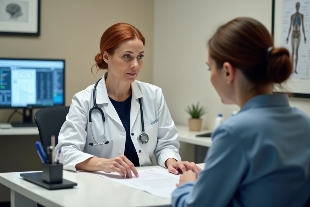 Médecin expliquant les effets secondaires et le dosage d'un médicament anxiolytique comme le Stresam à un patient lors d'une consultation médicale