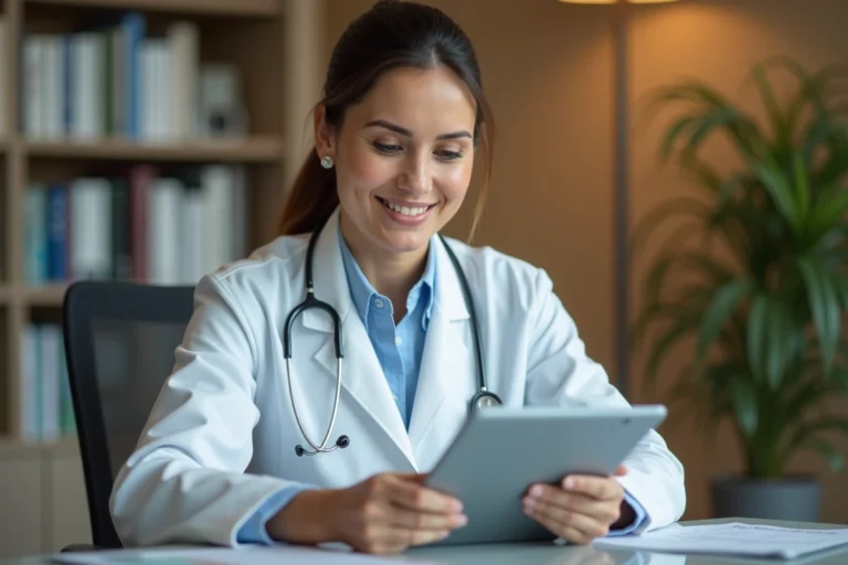 Médecin femme consultant une tablette numérique dans un cabinet médical moderne pour professionnels de santé