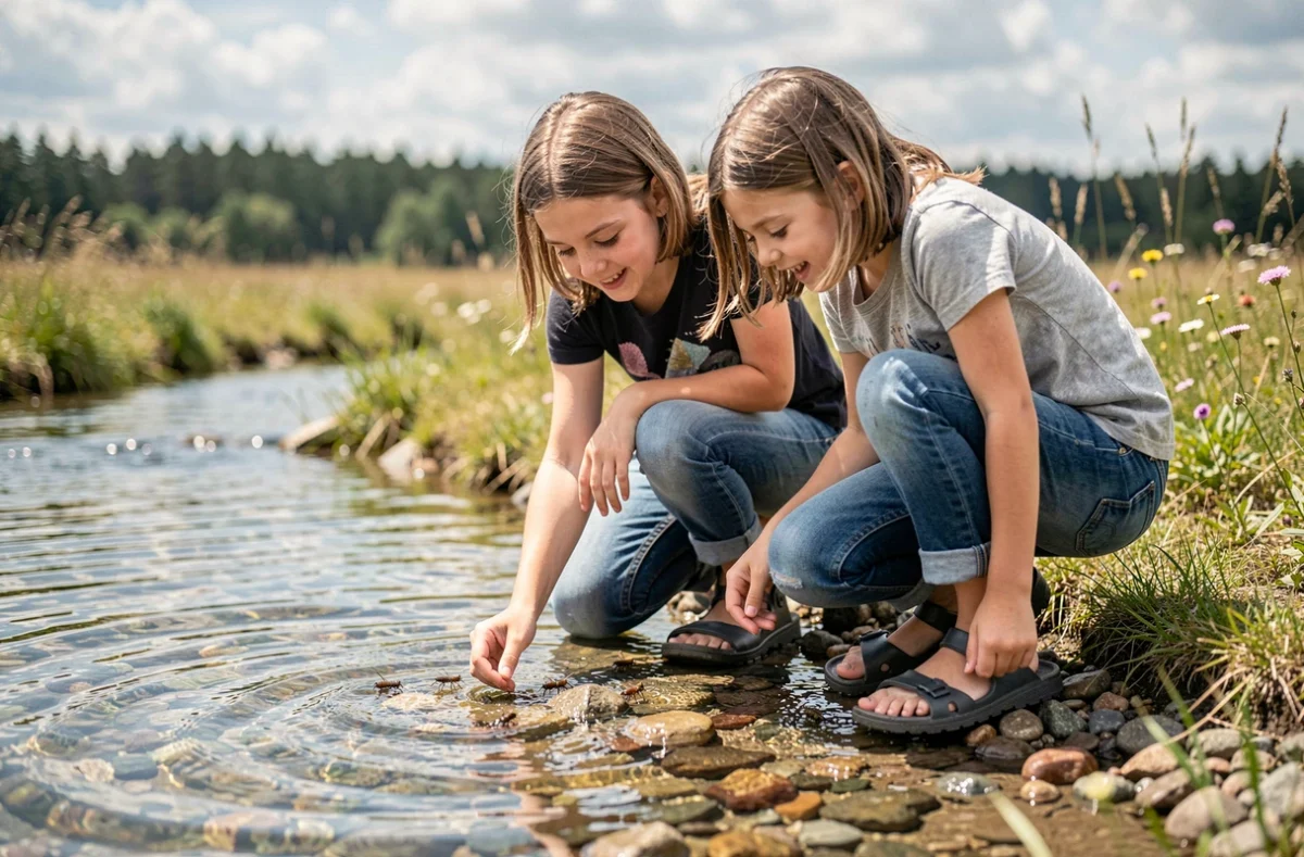 Mère et fille explorant un ruisseau de prairie, observant des insectes aquatiques et des galets dans l'eau claire