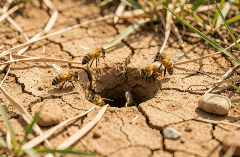 Entrée d'un nid d'abeilles souterrain dans la terre avec des abeilles mellifères en vol