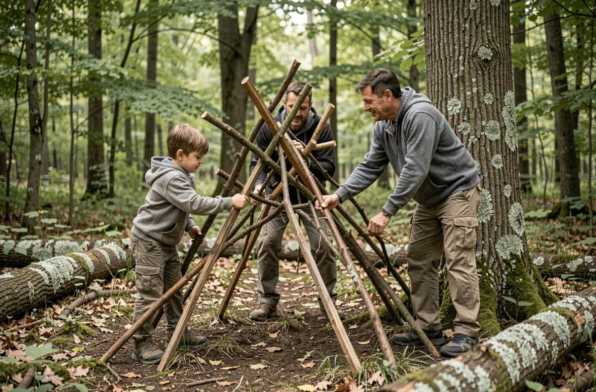 Père et deux fils construisant un abri de survie avec des branches dans une clairière boisée, activité nature en famille