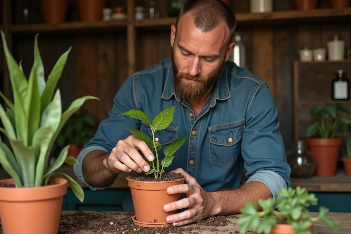 Homme qui plante une bouture dans un pot en terre cuite rempli de perlite dans un atelier de jardinage rustique