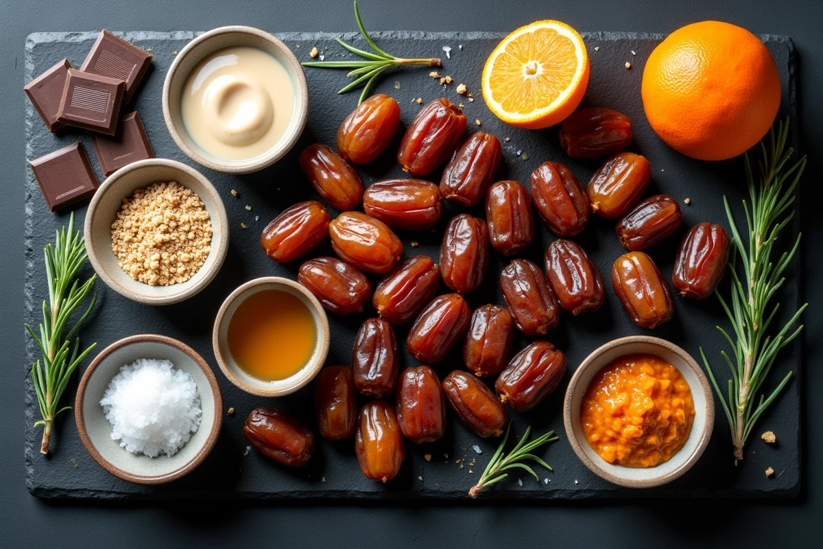 Plateau de dégustation de dattes Medjool et Deglet Noor avec tahini, miel, chocolat noir et sel de mer sur ardoise pour un brunch gourmand