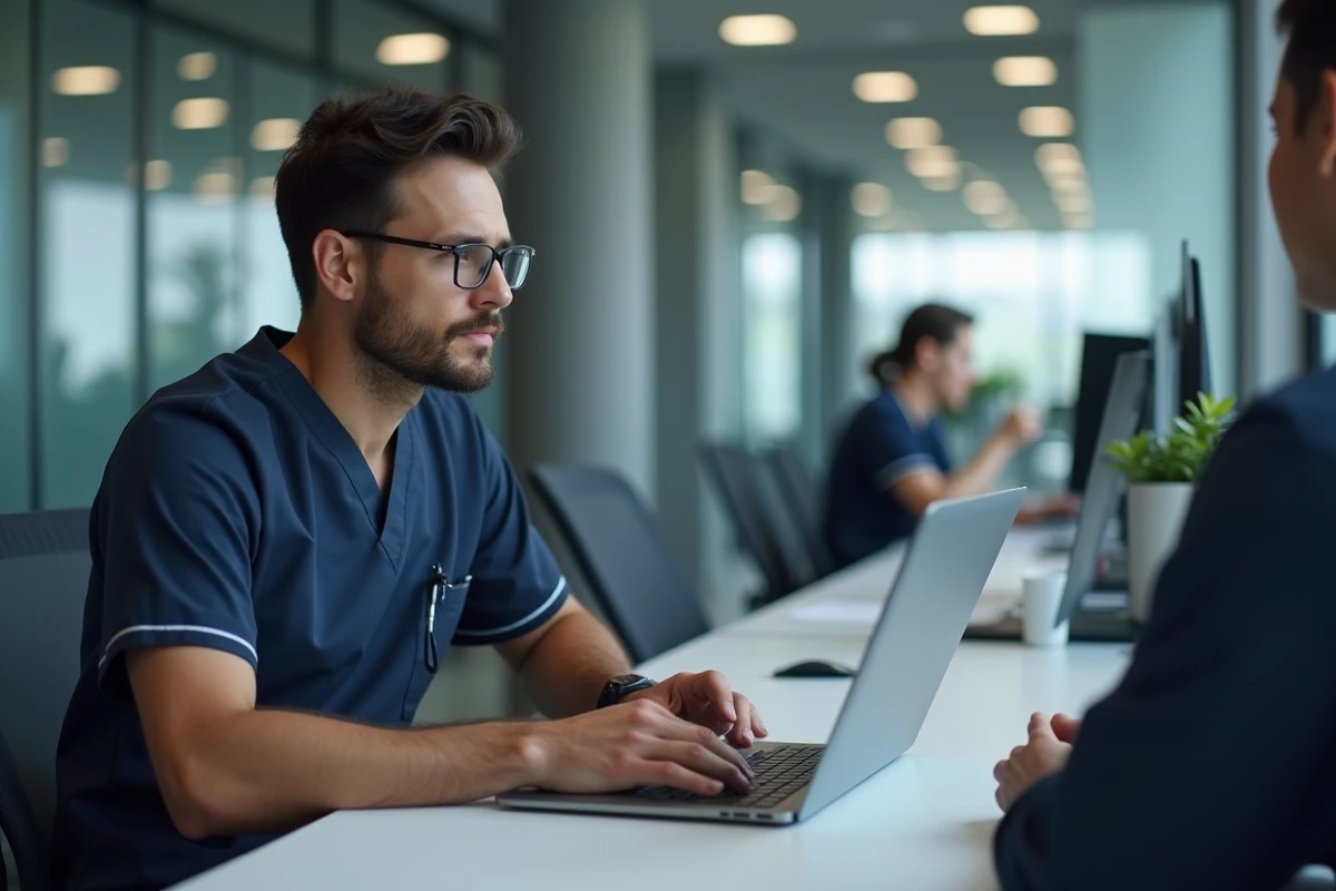 Professionnel de santé masculin utilisant une plateforme numérique de santé dans un espace de travail collaboratif médical