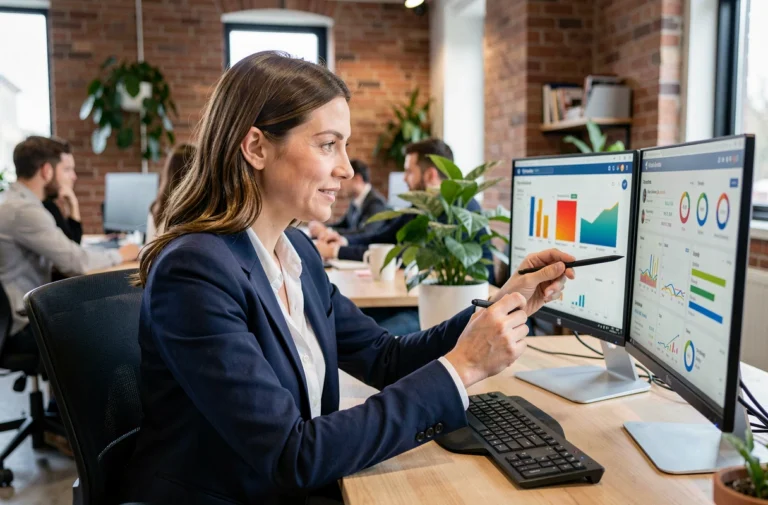 Professionnelle du webmarketing analysant des tableaux de bord de métriques digitales sur un double écran dans un espace de travail moderne