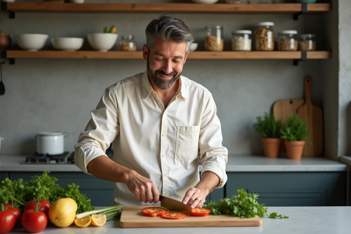 Homme préparant un repas sain et équilibré dans une cuisine moderne dans le cadre d'une routine de bien-être au quotidien