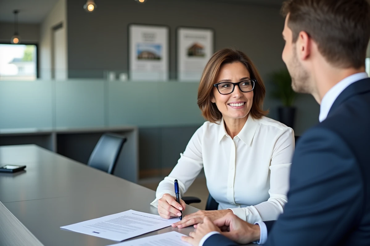 Femme signant un bail locatif en agence immobilière avec un second contrat visible sur le bureau