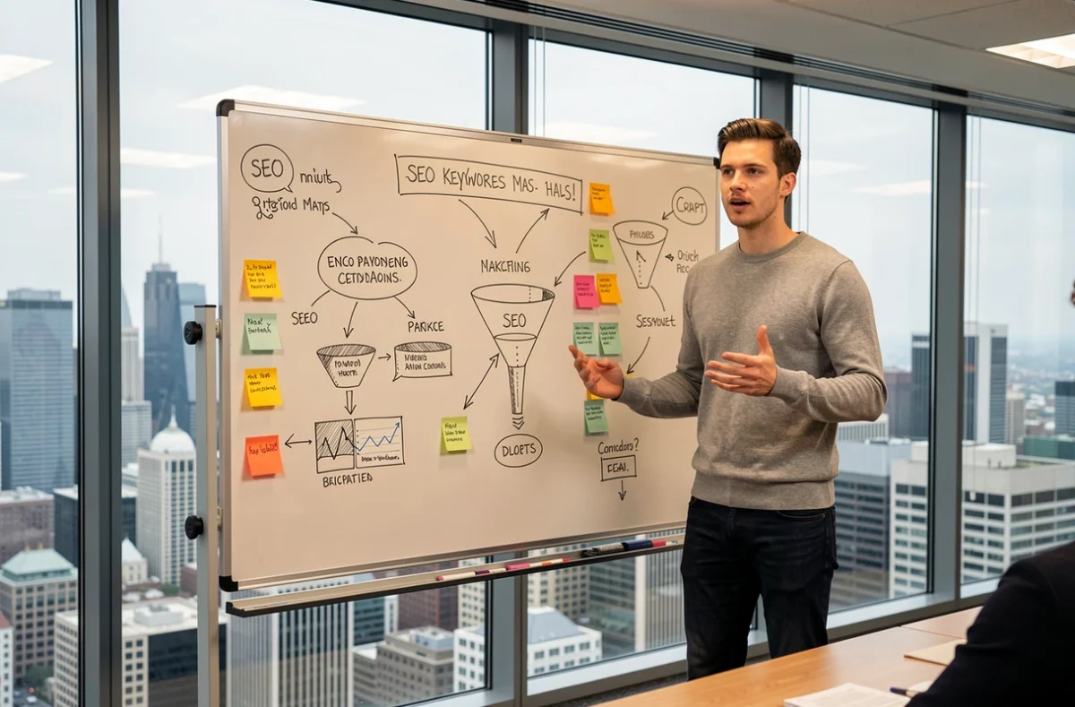 Jeune spécialiste en stratégie webmarketing présentant un plan de campagne SEO et de visibilité digitale sur un tableau blanc