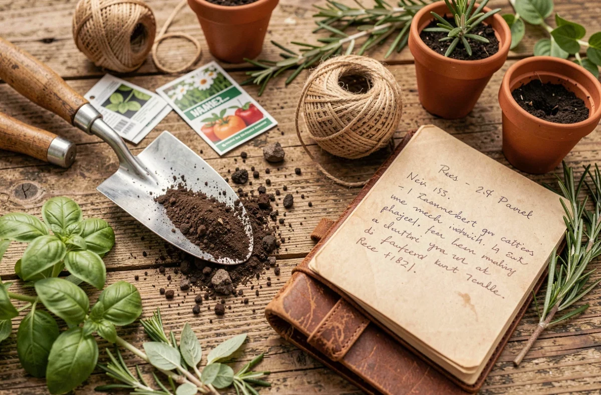 Vue de dessus d'une table de jardin en bois avec outils, pots en terre cuite, graines et carnet de notes de jardinage